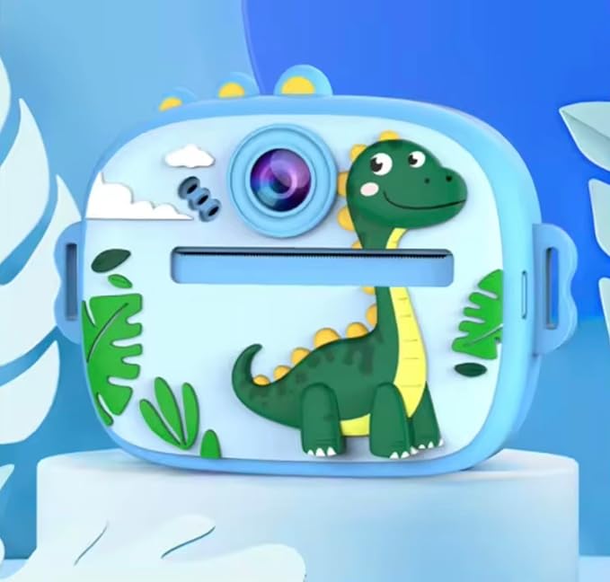 Kids Instant Print Camera, Cute Dinosaur Theme No-Ink Thermal Printing Digital Camera Toy, Rechargeable Portable Camera for Girls & Boys Ages 3–12, DIY Black and White Photo Prints (Blue)