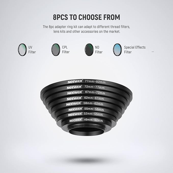Neewer® 8 Pieces Step-up Adapter Ring Set Made of Premium Anodized Aluminum, Includes: 49-52mm, 52-55mm, 55-58mm, 58-62mm, 62-67mm, 67-72mm, 72-77mm, 77-82mm-Black