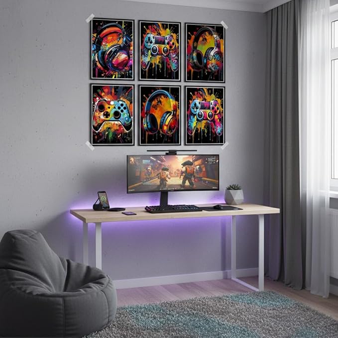Zhfmoir Gaming Posters Wall Art Set of 6, Colorful Game Controller Prints Video Game Wall Decor for Boys Teens Gamer Room Bedroom Playroom Decorations 8x10 Inch Unframed