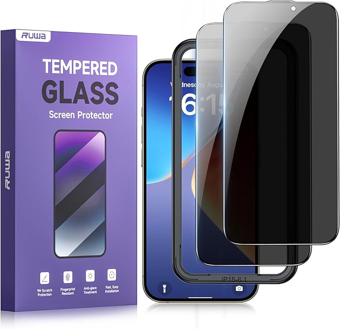 ruwa Privacy Screen Protector for iPhone 15 and iPhone 16 [6.1 Inch][2-Pack] Tempered Glass with Easy Installation Frame, Anti-Scratch,Anti-peep, Full Coverage