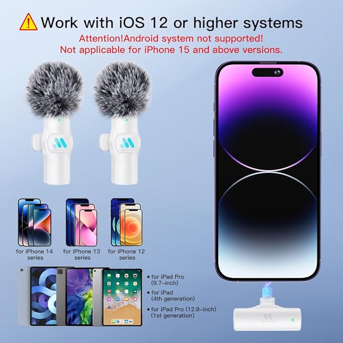 2pcs Lavalier Wireless Microphone for iPhone iPad Video Recording,Mini Microphone for Game Live Streaming,interviews,YouTube,TikTok,Vlog(White)
