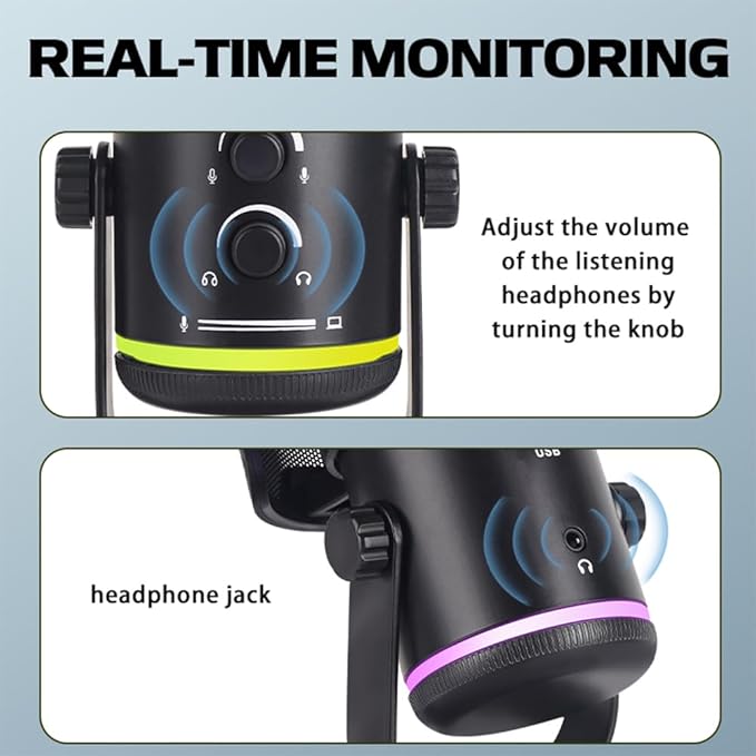 USB Gaming Microphone for PC/PS5 - RGB Condenser Mic with Noise Cancellation & Tap-to-Mute - Triple-Knob Control (Gain/Monitor Mix/Vol) - Desktop Stand for Streaming, Podcasting, Twitch, Discord