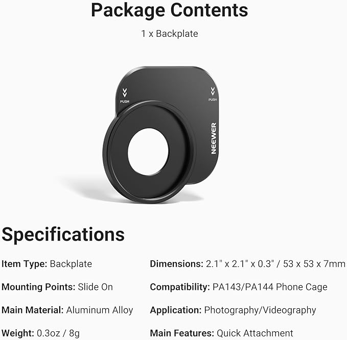 NEEWER 37mm Filter Lens Backplate for PA143/PA144 Phone Cage Only, Quick Release Video Rig Mobile Camera Photography Accessories Compatible with iPhone 17 Pro 17 Pro Max Beastgrip, PA152