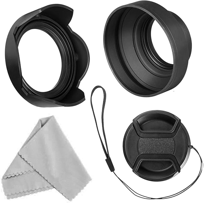 Veatree 52mm Lens Hood Set, Collapsible Rubber Lens Hood with Filter Thread + Reversible Tulip Flower Lens Hood + Center Pinch Lens Cap + Microfiber Lens Cleaning Cloth