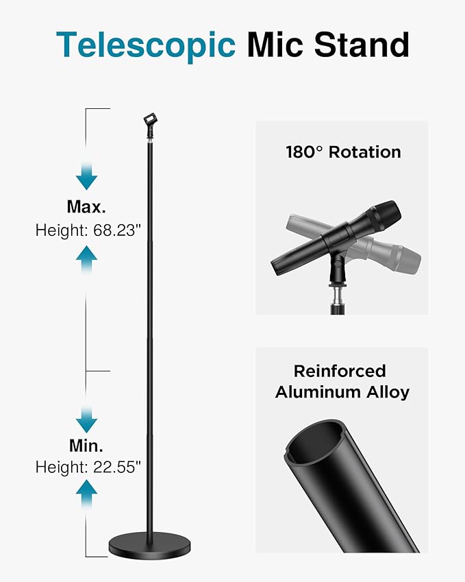 InnoGear Telescopic Mic Stand, Height Adjustable from 22" to 68" Microphone Stand Floor Weighted Base Boom Mic Arm Stand for Blue Yeti HyperX QuadCast SoloCast Shure SM58 Samson Q2U Fifine K669B