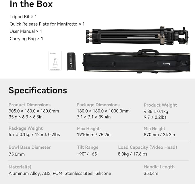 SmallRig AD-80 FreeBlazer Heavy-Duty Video Tripod System, 75" Tall, Fluid Head, One-Step Height Adjust, Dual-Mode QR Plate, Load up to 17lbs, Professional Tripod for Camera