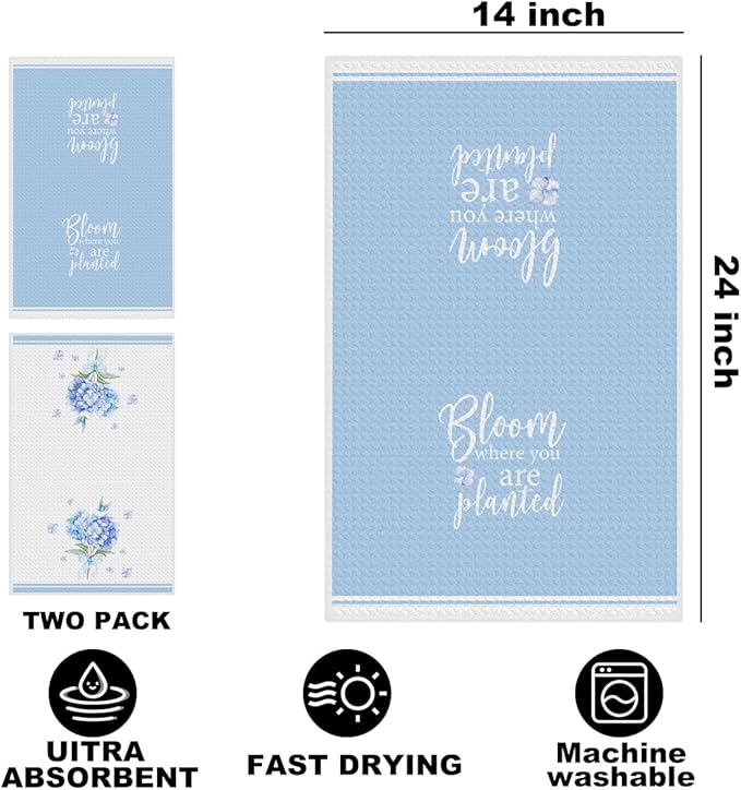 2Pcs Hydrangea Bouquet Kitchen Towels, 24x14 Inch Spring Butterfly Waffle Hand Towels for Kitchen Farmhouse Decor, Absorbent Durable Microfiber Dish Cloth Tea Towel, Home Gifts for Women Mom