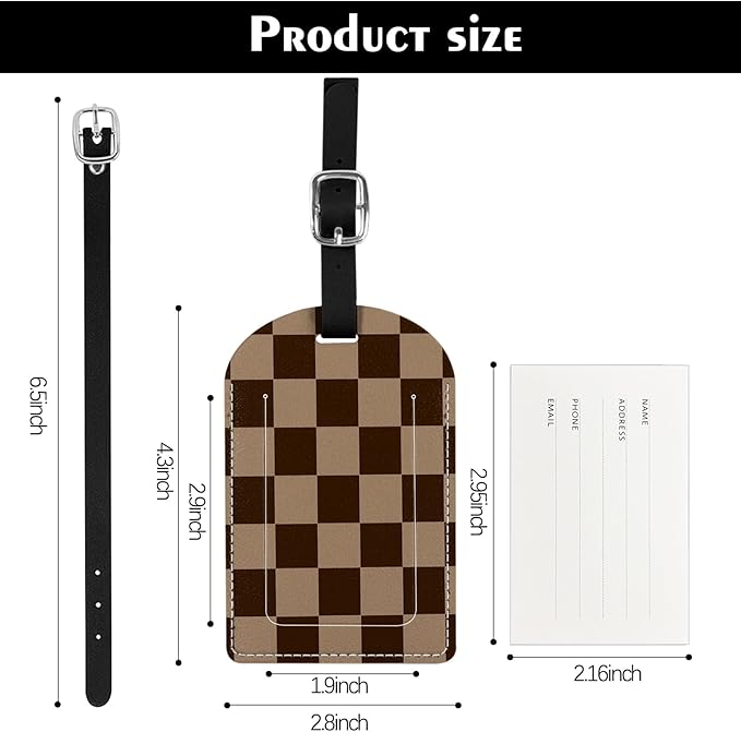 2 Pack Luggage Tag Suitcase Tags PU Leather Identifiers Privacy Cover Luggage Tags Aesthetic Cute Travel Bag Labels for Women Girls Men-Brown Checkered