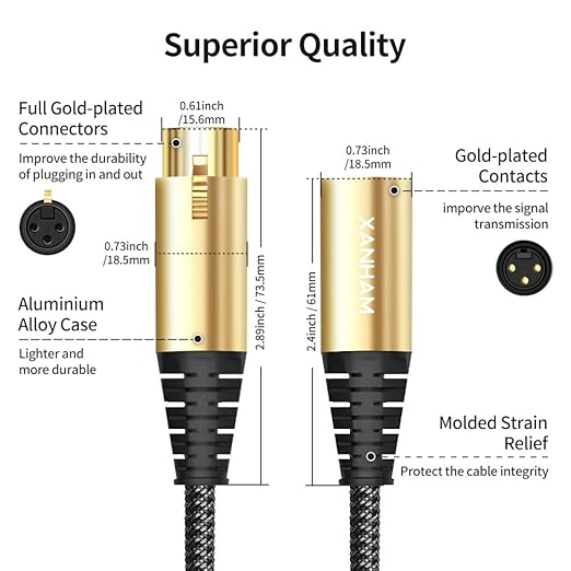 XLR Cable 3.3 Feet/1 Meter 2 Pack 3 Pin Microphone Female to Male Balanced Shielded Cable, Fibre Braiding with 22AWG Oxygen-Free Copper(OFC) Mic Cord for Speaker and Audio System