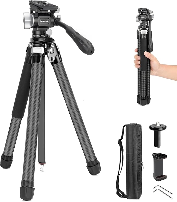 Koolehaoda Video Travel Tripod, 63" Lightweight Camera Tripod with 360° Panorama Fluid Head, Quick Release Leg Setup for Travel, Video, Live Streaming, Vlogging
