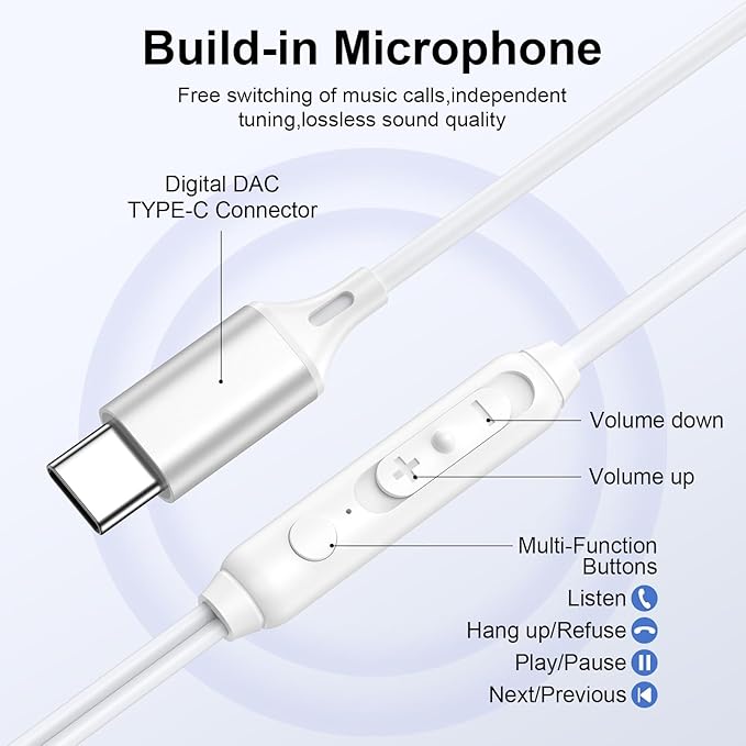 Wired Earbuds USB C Headphones for iPhone 17 Pro 17 Air 17 Pro Max 16e 16 Plus 16 Pro Max 16 Pro 15,Wired in-Ear Earphones USBC iPhone 17 Ear Buds with in-Line Microphone Call Control for Samsung S25