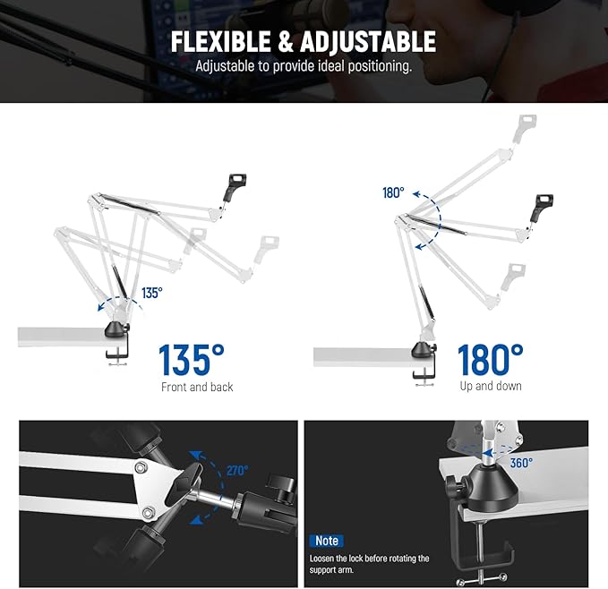 NEEWER Suspension Boom Arm Scissor Mic Stand, Microphone Arm Desk Stand with 3/8" to 5/8" Screw, Cable Ties Compatible with Blue Yeti Snowball Yeti X Quadcast, Max Load 3.3lb/1.5kg, NW-35, White