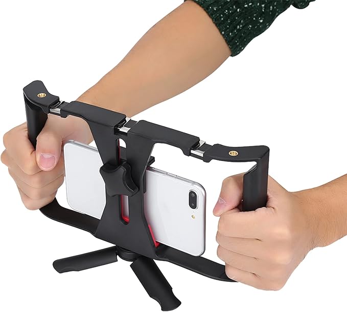 Qiilu Professional Dual Handle Handheld Phone Adjustable Stabilizer Support Recording Rig with Tripod for Vlog Video Creation, Filmmaking Accessory