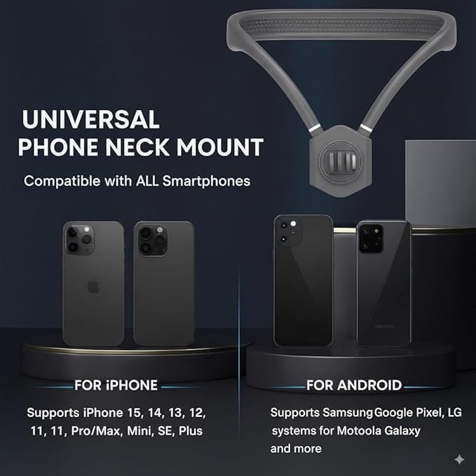 Neck Mount for Phones, Hands Free POV/Vlog Filming, Neck Cell Phone Holder for Recording Cooking Riding Outdoor, Content Creator Essentials Compatible with iPhone Android Smartphones (Gray)