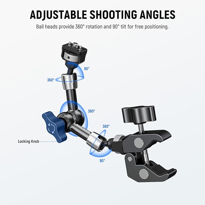 NEEWER 7" Articulating Magic Arm Clamp Mount with Super Clamp, Camera Monitor Mount with 1/4" 3/8" ARRI Locating Pins & Holes for DSLR Action Camera Video Light Compatible with SmallRig Cage, ST07C