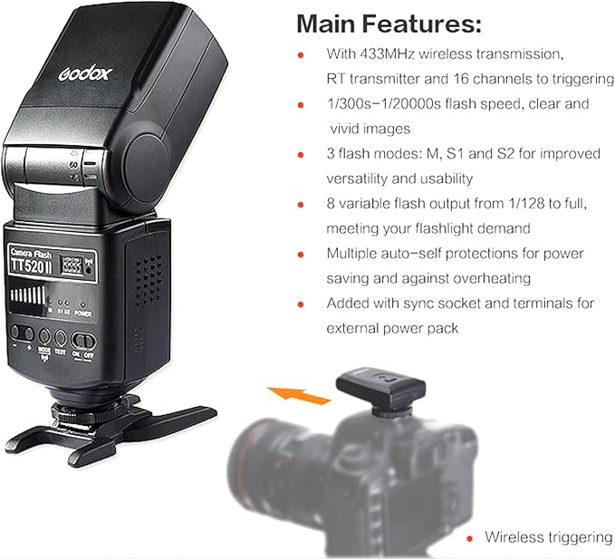 Godox TT520II Wireless Transmission Flash Speedlite - Built-in Receiver and RT Transmitter Compatible for Canon Nikon Panasonic Olympus Pentax and Other DSLR Cameras with Standard Hot Shoe