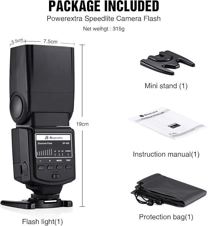 Powerextra Professional DF-400 Speedlite Camera Flash for Canon Nikon Pentax Samsung Fujifilm Olympus Panasonic Sigma Minolta Leica Ricoh DSLR Cameras and Digital Cameras with Single-Contact Hotshoe