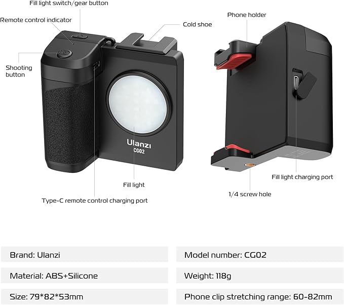 ULANZI CG02 Ungraded Smartphone Camera Shutter Handle Grip w Detachable Wireless Bluetooth Remote Control,Three-Gear Adjustable Fill Light for iPhone Samsung Google OnePlus Phones Video/Photo Shooting