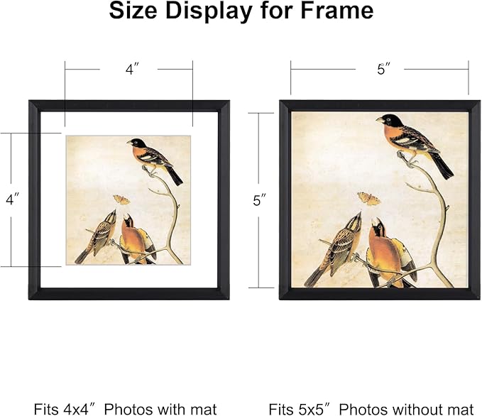 BKABOT 5x5 Picture Frame, Black Metal Photo Frames with HD Glass, Fits 4x4 with Mat or 5 x 5 without Mat, Display for Wall and Table, 1 Pack