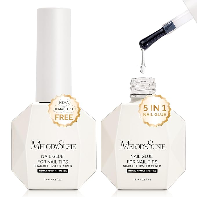 MelodySusie 3Free 5 in 1 Nail Glue Gel for False Nail Tips, NO Hema HPMA TPO, Super Sticky and Strong Adhesion, Rhinestone, Blooming Gel, Base Coat, UV Lamp Curing Needed,2 Pcs 15ml