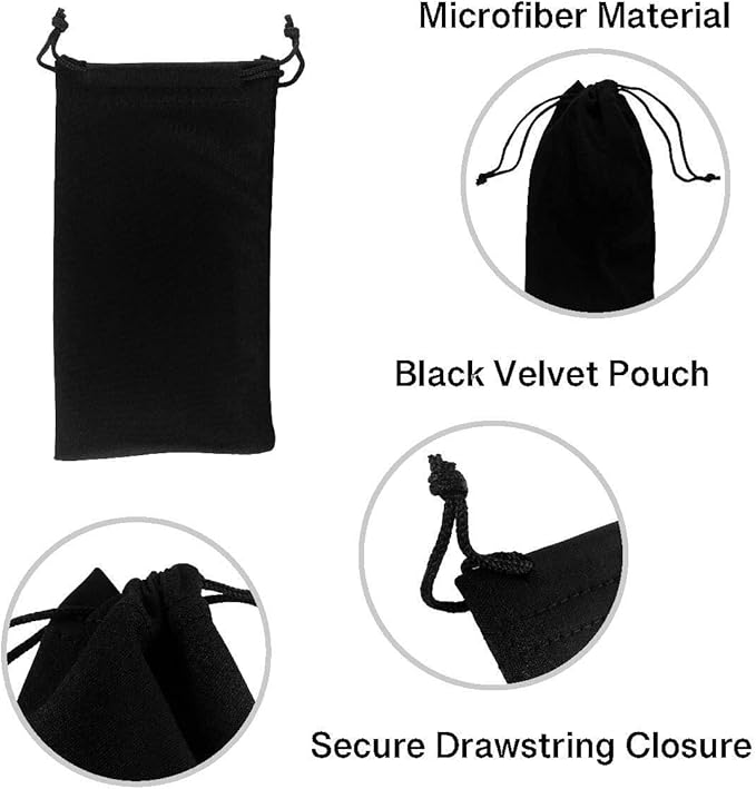 Super Z Outlet Black Microfiber Sunglasses Glasses & Cell Phone Gadgets Accessories Sleeve Bag Pouch with Drawstring Closure for Cleaning, Protection, & Storage (12 Pack)