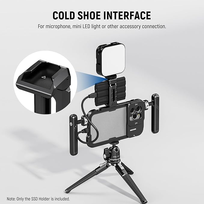 Neewer T5 T7 T9 SSD Holder Mount Bracket for iPhone 16 15 Pro Max Phone Cage PA023 PA024, 2.2"-3"/55-75mm SSD Clamp Compatible with Samsung with 1/4" Screw Anti Twist Bevel Edge, Cold Shoe, UA051