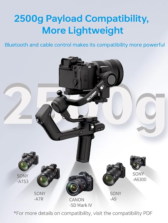 FeiyuTech Official SCORP 2 Gimbal Stabilizer for Camera,3-Axis Gimbal Stabilizer for Canon/Sony/Panasonic/Nikon/Fujifilm,5.51lb Payload,Built-in AI Tracking Module,Bluetooth/Cable Control