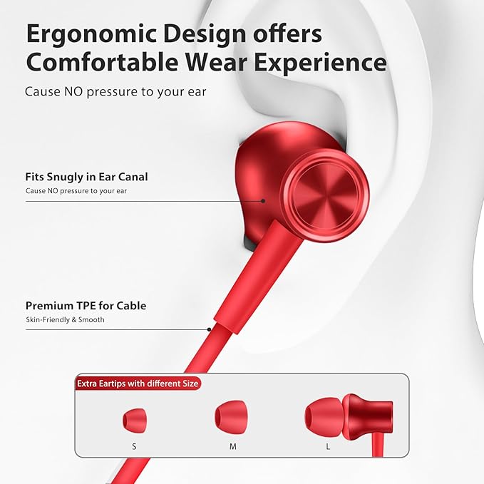 Jiunai USB C Wired Earbuds for iPhone 17 Pro Max 16e Headphone with USB C Plug in Ear Magnetic Stereo S M L Ear Tips Corded Type C Earphone for iPhone 17e 16 15 for Samsung S26 S25 S24 for iPad Red