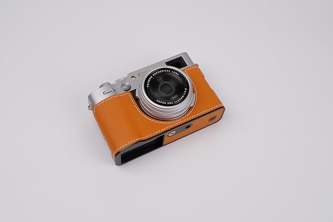 Genuine Leather Camera Half Case for Fujifilm X100VI - Top Layer Cowhide Body + Metal Base Plate - Hand Shank Free Design (Orange)
