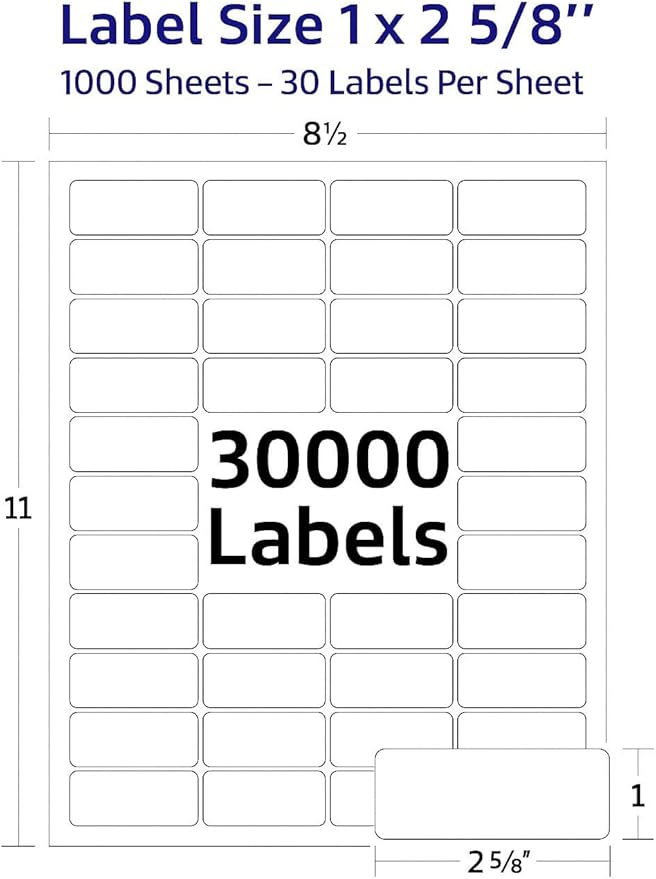 Easy Peeling Printable Address Shipping Labels, 1" x2 5/8" | Customizable Sticker | White | 30,000 Blank Mailing and Shipping Labels | Inkjet and Laser Printer Guaranteed | Blank Label