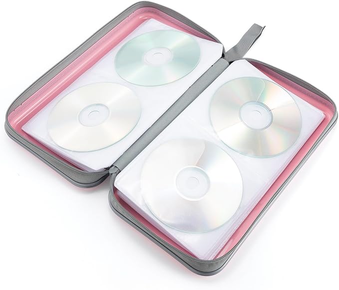 Alavisxf CD Case, 96 Capacity Hard Plastic DVD Disc Storage Case Holder with Zipper - Portable, Light Pink
