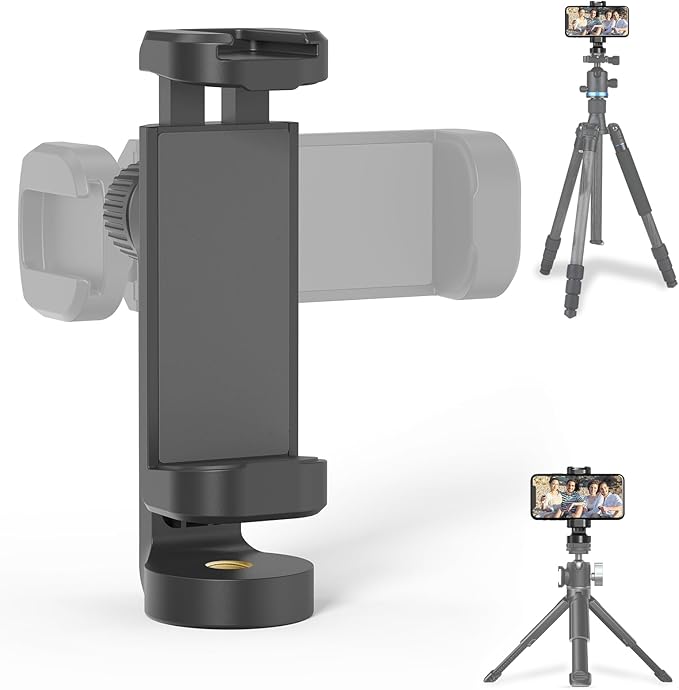 Phone Mount for Tripod, Universal Tripod Mount Adapter with Cold Shoe, 360° Rotates Adjustable Cell Phone Clip Clamp Holder with 1/4" Screw, Compatible with iPhone/Android/4”-7” Phone