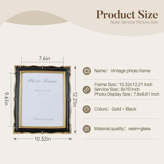 Cuspin 8x10 Picture Frame Black and Gold Frames, Ornate Textured Hand-Crafted Resin Photo Frames with Glass Front, 8 by 10 Decorative Picture Frame for Wall & Tabletop, Vintage Home Decor