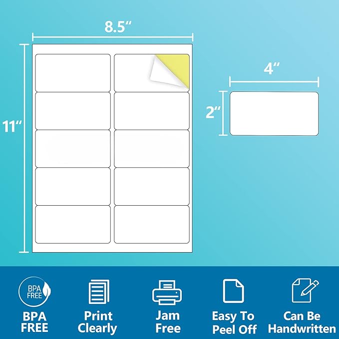 2" x 4" Shipping Labels,Printable White Mailing Labels for Laser/Inkjet Printer,Permanent Adhesive Sticker Labels(200 Sheets,2000 Labels)