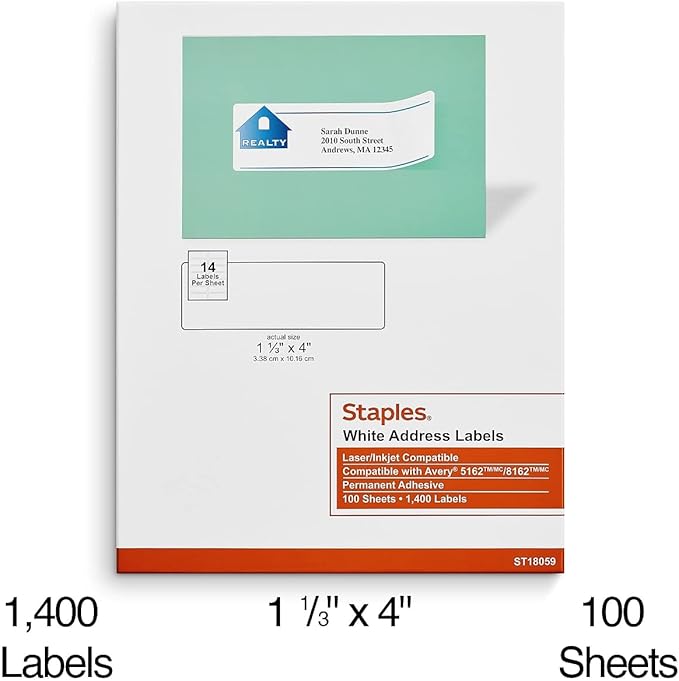 Staples 1-1/3" x 4" Address Labels, White – Printable Laser & Inkjet Mailing Labels, 14 Labels per Sheet