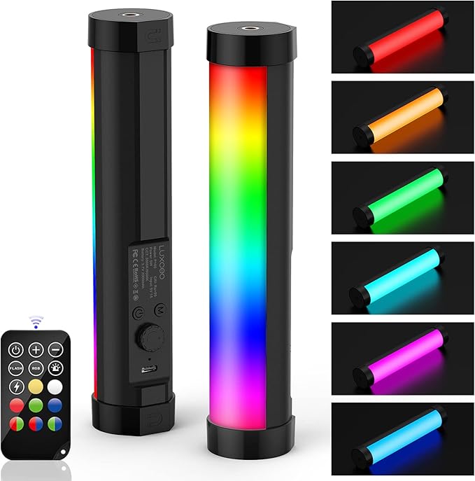LUXCEO Multicolor RGB LED Video Light Wand - 2000mAh Rechargeable Mini Light Stick for Video Shooting, Professional Tube Lights with Magnetic Base for YouTube, TikTok (Black)