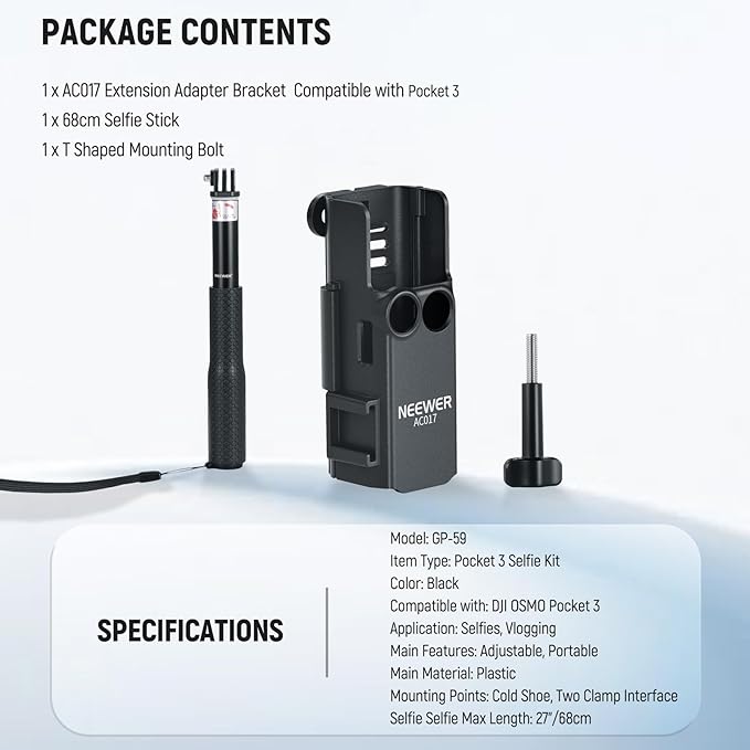 NEEWER Basics Pocket 3 Extension Adapter & Selfie Stick for Tripod Compatible with DJI Osmo Pocket 3, Expansion Cage Frame Mount Kit, Gimbal Camera Vlogging Video Recording, GP-59