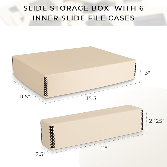 Golden State Art, Archival Slide Storage Box, Acid-Free Metal Edge Organizer With 6 Inner File Cases, Holds Up to 840 Films, For Storing Photos and Negatives, 15.5" x 11.5" x 3" (Tan)