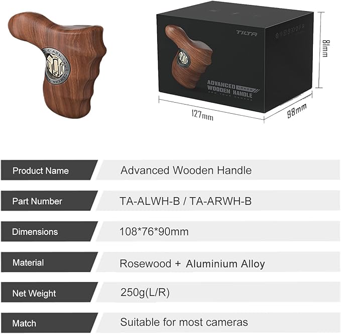 Tilta Advanced Right Side Wooden Handle (ARRI Rosette - Type X) | Black Walnut Wood & Aluminum Alloy Build | Quick Release Button