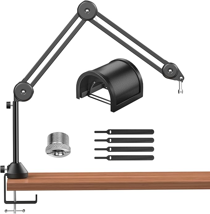 TONOR Microphone Boom Arm, Adjustable Microfono Stand Mic Arm with Extra-large Pop Filter, 3/8’’ and 5/8’’ Screwadapter, Equipment for Podcast, Recording, Streaming, 40cm+40cm+20cm Riser, T50