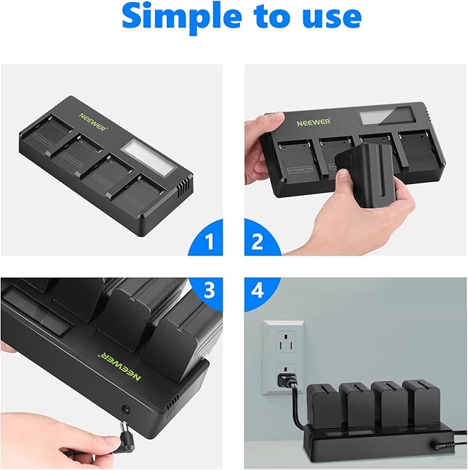 Neewer 4-Channel NP-F Battery Charger with LCD Screen & Power Adapter, Compatible with Sony NP-F550 F570 F750 F770 F930 F950 F960 F970 FM50 FM500H QM71 QM91 QM71D QM91D Camcorder Li-ion Batteries