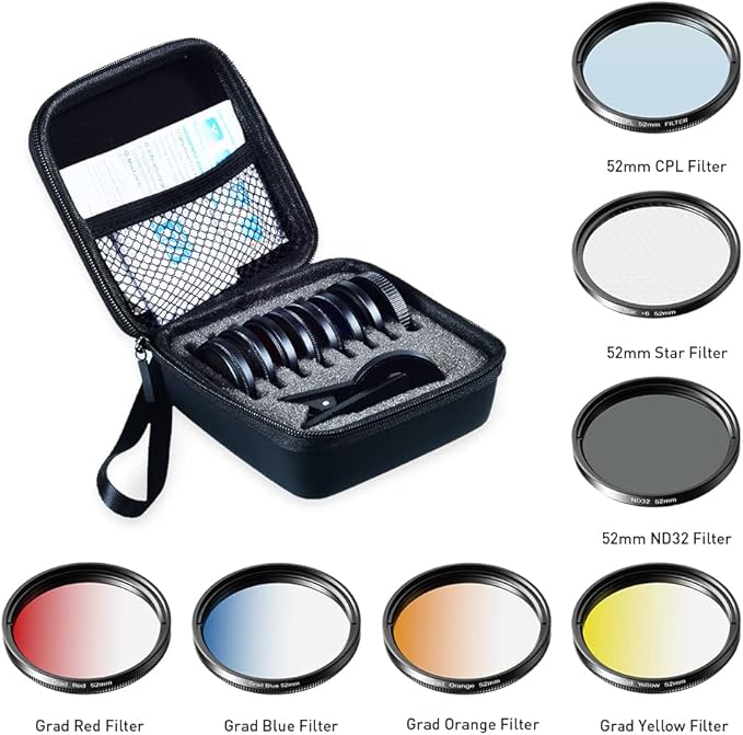 Apexel 52mm Filter Lens Kit (Graduated Filter Lens-Red Orange Yellow Blue, CPL, ND32, Star Lens-6 Point) for Smartphone Camera Canon Nikon Sony Olympus