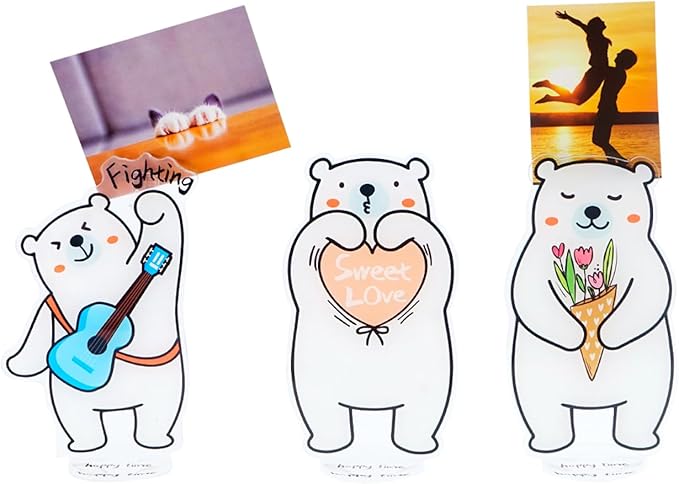 Set of 3 White Bear Polaroid Photo Holder, Table Picture Display Clip Stand for Picture Memo Cards Paper Note Postcards Place Card Display, Home Office Desk Ornaments