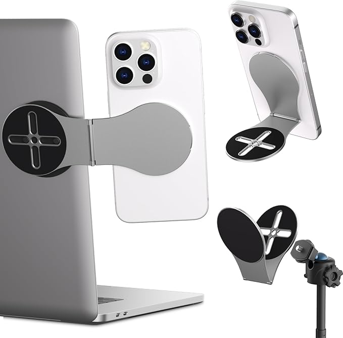 Detachable Magnetic Phone Holder for Laptop & Car, Foldable Desk Phone Stand, Adjustable Magnetic Phone Tripod Mount Adapter with 1/4" Screw Design for MagSafe iPhone and All Phones, Gray