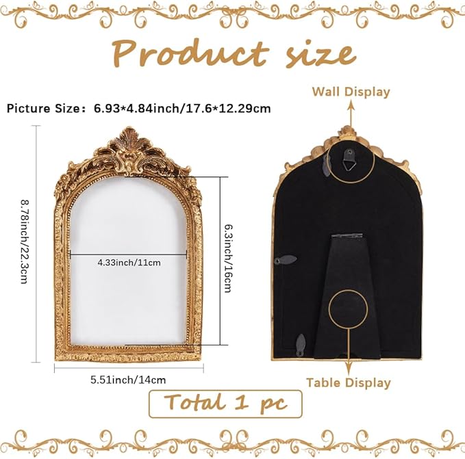 GORGECRAFT Small Vintage Picture Frame Retro Resin Antique Gold Photo Frame with Hooks and Easel Stand for Wall Hanging or Tabletop Display Ornate Photo Gallery Art Home Holiday Decor 8.8 x 5.5 Inch