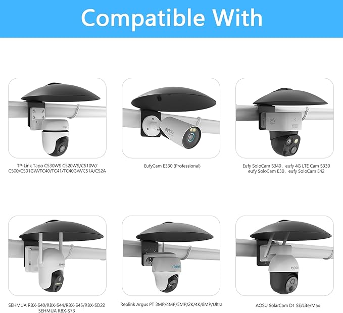 VOMENC 2 in 1 Security Camera Sun Rain Cover for All 1/4'' Thread with Gutter Mount Compatible with AOSU SolarCam D1 SE/Lite/Max,eufy,TP-Link Tapo,SEHMUA,Reolink,Cinnado B6 Security Cameras (Black)