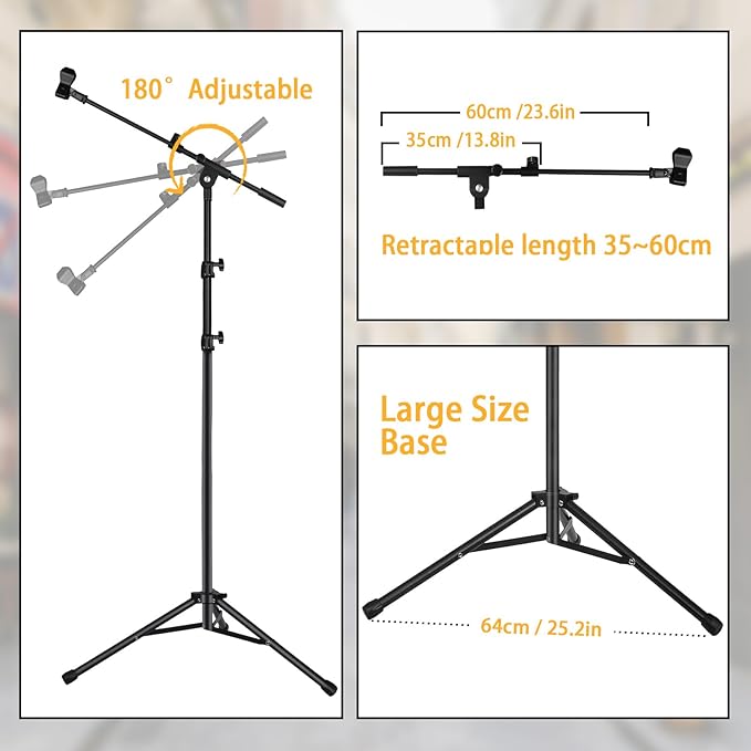 Tripod Mic Stand Floor Boom Arm for Blue Yeti Q2U K6 AM8, Floor Microphone Stand with Carrying Bag, 3/8" to 5/8" Adapter, 2 Mic Clips and Cable Ties