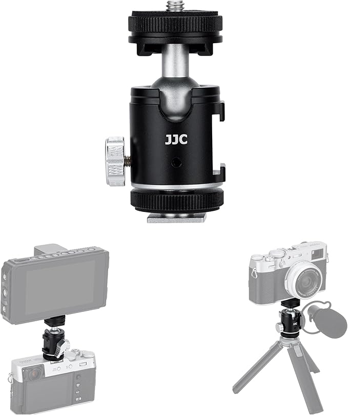 JJC 1/4''-20 Camera Tripod Ball Head Mount Adapter, Mini Ballhead with Cold Shoe Mount for Camera DSLR Tripod Selfie Stick LED Light Flash Microphone Phone Cage, 360-Degree Rotation, 90-Degree Tilt