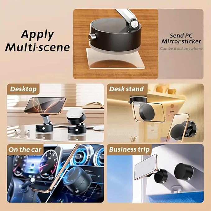 Foldable Magnetic Vacuum Phone Holder, 360° Electric Suction Car Mount, Double-Sided Swivel Stand for Car, Mirror, Gym, Kitchen, Hands-Free Portable Phone Holder (Wihte)