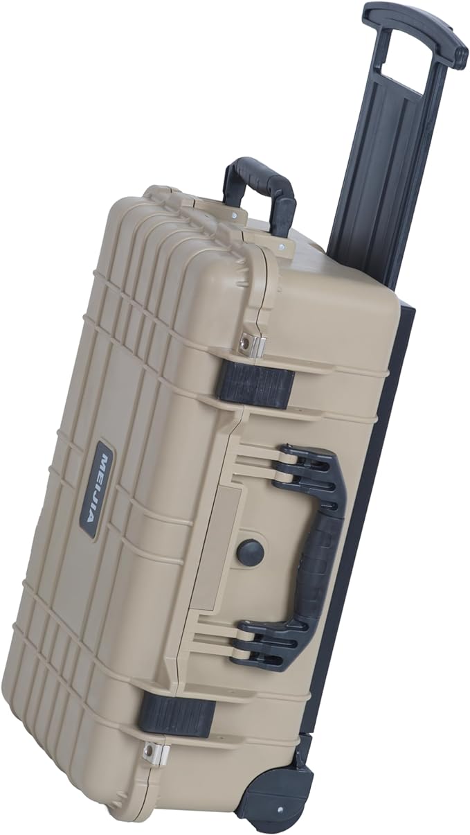 MEIJIA All Weather Rolling Waterproof Protective Case, Hard Camera Case,Dry Case with Retractable Pull Handle and Wheels,Foam Inserted, 22 x13.81x9inches (Desert Tan)